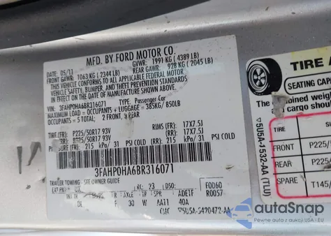 2011 Ford Fusion Se from USA, damaged, VIN 3FAHP0HA6BR316071